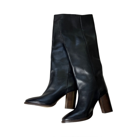 New COS Black Knee High Leather Boots Pull-On Modern Tall Block Heel Size 8 - Picture 1 of 17